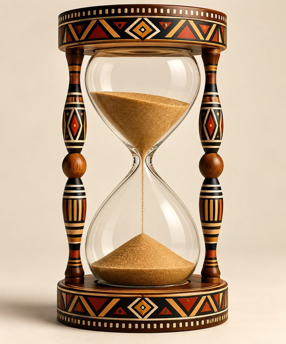An ornate hourglass decorated with West African geometric patterns in gold, terracotta and black, its sand steadily flowing, symbolising timely, practical learning.
